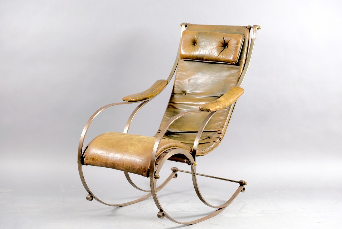 Antique Leather and Metal Rocking Chair by Peter, Cooper for R.W. Winfried